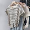 Camiseta Retro Rayada Color Albaricoque para Mujer, Top Chic Estilo Waffle, Nuevo Artículo Versátil Casual de Manga Corta Tendencia Primavera/Verano 2026