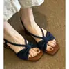 Sandalias de cuña de estilo retro francés de verano 2026 para mujer con punta cuadrada, lazo, tira única, punta abierta, suela suave y tacones altos