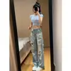 Jeans rasgados estilo americano para mujer, primavera/verano, para estatura petite y tallas grandes, de color claro, tiro alto, pantalones rectos de pierna ancha modernos desgastados