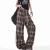 Calça larga xadrez retrô americana afunilada, unissex, estilo neutro, caimento solto, versátil, calça casual reta com bom caimento