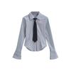 Camisa de solapa estilo preppy con corbata, rayas verticales, manga acampanada, para mujer, de un solo botón, dobladillo ajustado curvo, top versátil