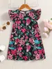 Comércio Exterior Roupas Infantis Verão Vestido de Menina Estilo Retro Francês Amigo da Pele Gola Redonda Mangas Bufantes Estampa Floral Vestido Evasê