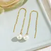 Pendientes Largos de Moda con un Toque de Lujo, Oro Real de 14K, Estilo Largo, Diseño Minimalista Europeo y Americano, Hilo para Oreja con Borla y Perla para Mujer, Geométricos
