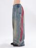 Jiayiku Marca de Moda Calle Alta Americana Vintage Lavado Jeans para Hombre y Mujer Personalizados Vibe Costura Rayada Pantalones de Pierna Recta