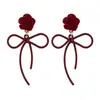 Pendientes Colgantes con Forma de Lazo de Rosa de Aguja Plateada Moda Pendientes Sencillos con Personalidad Pendientes Versátiles de Gama Alta de Nicho para Mujeres
