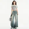 En stock, sin pretina, nuevo de la primavera 2026, jeans de pierna ancha retro americano para mujer, corte holgado, adelgazantes, pantalones rectos con borde crudo