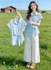 Camisa feminina azul de manga curta com amarração na cintura, estilo francês, novo modelo de verão 2026, camisa elegante e chique A11725