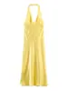 Produto Novo de Verão 2026 Estilo Europeu e Americano Sexy Decote em V Profundo Poá Textura de Cetim de Seda Vestido Midi para Mulheres 3152/387