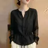 Camisa de luxo sob medida estilo francês de manga longa para mulheres, nova coleção de outono, moderna e chique, acinturada, modeladora, com detalhe de laço, adequada para o trabalho