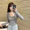 Top liso de manga larga ajustado con cuello en U para mujer, nuevo estilo coreano de otoño, camiseta elegante de cintura alta