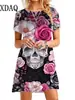 Vestido Estampado Digital 3D de Calavera y Rosa para Halloween 2024 Transfronterizo Verano Manga Corta Mini Vestido de Línea A para Mujer