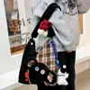 Bolsa de Lona Estilo Coreano Popular de Alta Aparência Gatinho Fofo para Mulheres, Bolsa de Ombro Único Transversal, Bolsa Tote de Grande Capacidade com Laço