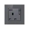 Painel de tomada de parede USB com interruptor de luz de vidro temperado cinza, padrão britânico 13A de Hong Kong
