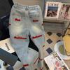 Calça Jeans Bordada com Letras Estilo Retrô Americano para Homens, Nova Coleção Primavera, Corte Reto Largo Tendência Versátil Calça Dad Wide-Leg