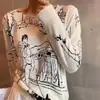 Estilo Nuevo de Verano Pulóver de Lana Fina Cuello Redondo Graffiti Pintura en Spray Estampado Manga Corta Tejido Estilo Coreano Manga Larga Top para Mujer