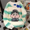 Camiseta de Manga Longa Estilo Americano Fofa Divertida Preguiçosa Shin-Chan, Top Outono Pesado Algodão Puro Tie-Dye Color-Blocking para Mulheres