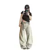 Pantalones de trabajo de patchwork camuflaje caqui para hombres y mujeres, estilo retro americano, diseño único, pantalones rectos de pierna curva de nicho, modernos