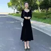 Nuevo Vestido de Terciopelo Negro con Mangas Abullonadas para Otoño e Invierno, de Venta Transfronteriza para Mujer, con Escote Corazón, Cintura Ajustada, Adelgazante, Vestido Largo Estilo Francés
