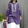 Camiseta Delgada de Cuello Redondo, Top de Manga Larga de Longitud Media para Mujer, Estilo Étnico, Nuevo Estilo de Verano, Holgado de Algodón y Lino, Ropa de Té de Manga Larga