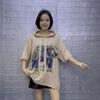 Camiseta de manga corta con capucha y estampado de elefante europeo para mujer, nueva camiseta de 2024 con diseño antiedad holgado y perforado en caliente para industria pesada