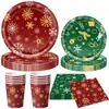 Platos de papel desechables, vasos, pancartas, manteles, decoraciones colgantes con tema navideño de copo de nieve rojo y verde, Feliz Navidad