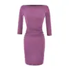 Vestido de ombro a ombro com manga 3/4 para mulheres, novo estilo outono 2026, estilo American hot girl, cor sólida, caimento justo, vestido bodycon franzido