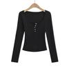 2024 Principios de Otoño Nuevo Hombro Cintura Alta Ajustada Cuello Medio Abierto Camiseta de Manga Larga para Mujer Cuello U Clavícula Camiseta Básica Interior
