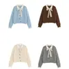 Abrigo tipo suéter falso de dos piezas con solapa para mujer, nuevo estilo otoño e invierno, cárdigan de punto con lazo de encaje, top corto, gris