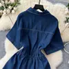 Traje de Mezclilla Estilo Chica Caliente Vintage para Mujer Verano Camisa con Cordón y Cuello Polo Top Pantalones de Cintura Elástica Pierna Ancha Adelgazantes