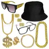 Popular Cadena de Oro Pulsera Hip-Hop Sombrero Negro de Pescador Gafas con Montura de Espejo Anillo de Dólar Conjunto de Vestido de Graduación