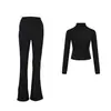 [En Stock] Conjunto de Dos Piezas para Mujer: Chaqueta Corta Elástica de Canalé y Pantalones de Yoga Acampanados para Correr y Fitness