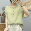 Fio de algodão lavado, camisa de manga curta para mulheres, estilo verão, design artístico e fresco, algodão macio e amigo da pele, top sem mangas