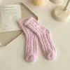Calcetines de Coral Fleece de Caña Media para Otoño e Invierno, Forrados de Felpa, Espesos, Cálidos, para Mujer, Color Liso, Lazo Pequeño, Calcetines de Luna para Dormir