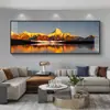 Pintura Decorativa para Sala de Estar con Fondo del Sol Dorado Brillando sobre las Montañas, Pintura Colgante de Pared de Fondo para Sofá Lujosa y Elegante, Paisaje para Oficina