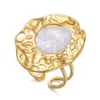 Anel de aço inoxidável branco com madrepérola de luxo leve transfronteiriço, anel aberto empilhável floral irregular vintage 18K feminino