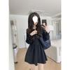 Sudadera con capucha casual de talla grande color negro Vestido de otoño e invierno para mujer chica rellenita Cintura alta de alta gama Ceñido Adelgazante Línea A Falda corta