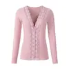 Comércio Exterior Em Estoque Outono e Inverno Novo Decote V Sexy Renda Manga Longa Malha Top Camisa Base para Mulheres, Modelagem Justa e Elástico