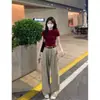 Una generación de camiseta de hombro vino tinto para el cabello femenina chica caliente chaqueta corta ajustada verano Joker ajustada de manga corta