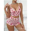 Conjunto de Lencería Sexy Transfronterizo Europeo y Americano Encaje Transparente Bordado Labios Rojos Brasier Shorts Pasión Uniforme