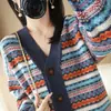 Cárdigan de punto grueso a rayas de manga larga para mujer, abrigo corto, suéter holgado, top cálido casual para otoño e invierno
