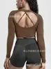 Top deportivo para mujer Shark de manga larga, sin costuras, de secado rápido, con espalda cruzada y almohadilla en el pecho incorporada, estilo europeo y americano, para fitness y yoga