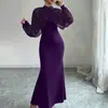 Moda Feminina Transfronteiriça Europeia e Americana 2026 Elegante Vestido Longo Sereia com Renda e Strass de Manga Longa Acinturado