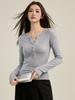 Camisa Básica Slim-Fit de Lã Tencel com Gola Henry Manga Longa para Mulheres Outono 2026 Blusa de Tricô Fina Emagrecedora Manga Longa