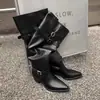 Otoño e Invierno Nuevas Botas de Montar de Moda Versátiles de Caña Alta Apiladas con Tacón Grueso Puntiagudas Suela Suave Botas Largas para Chica Popular Pierna Ancha