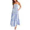 S32296 Comercio Exterior Europeo y Americano Ropa Transfronteriza para Mujer Amazon Rayas Posicionamiento Estampado Tirantes Espalda Descubierta Bolsillo con Solapa Vestido Pantalón para Mujer