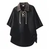 Camisa Polo de Encaje con Cordones Estilo Americano, Camiseta de Verano para Hombre de Manga Corta, Tendencia Patchwork de Media Manga, Top Casual Versátil