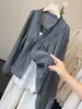 Camisa de mujer estilo francés con cordones y escote en V, tipo dos piezas, manga larga, para principios de otoño, corte holgado, adelgazante, con ribete de volantes y elegante diseño de patchwork