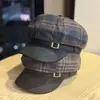 Otoño Invierno Pato Marrón Retro Cuadros Boina Sombrero Mujeres Circunferencia de Cabeza Grande Octogonal Gorra de Periodista Hace que la Cara se Vea Más Pequeña Sombrero de Pintor