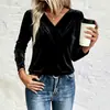 Camiseta de Manga Larga con Cuello en V de Terciopelo Transfronteriza Europea y Americana para Mujer, Nuevo Estilo Otoño e Invierno, Color Sólido, Camiseta Base de Capa Interior con Temperamento