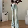 Jeans de trompeta grande, cola de pez, color amarillo barro desgastado, microabocinados, para mujer, borde crudo, diseño de chica popular estudiante, ajustados, borde crudo, pantalones largos